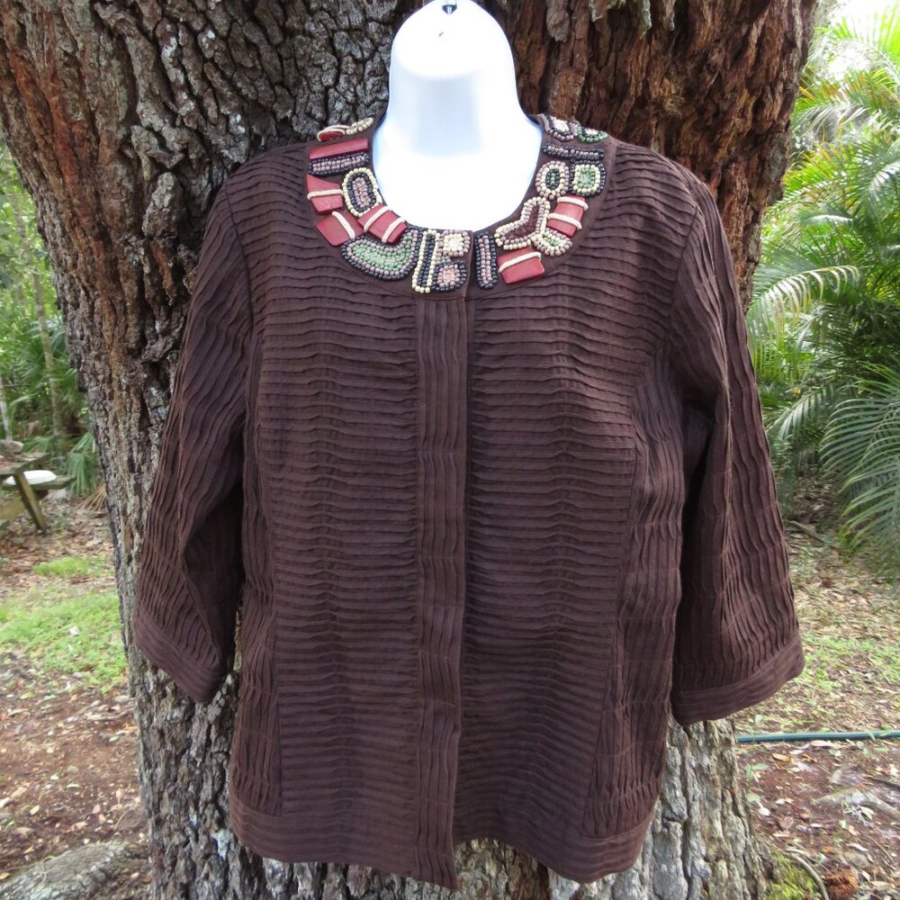Chicos 2 Womans 3/4 Sleeve Top Beaded Organic Textured Med 12